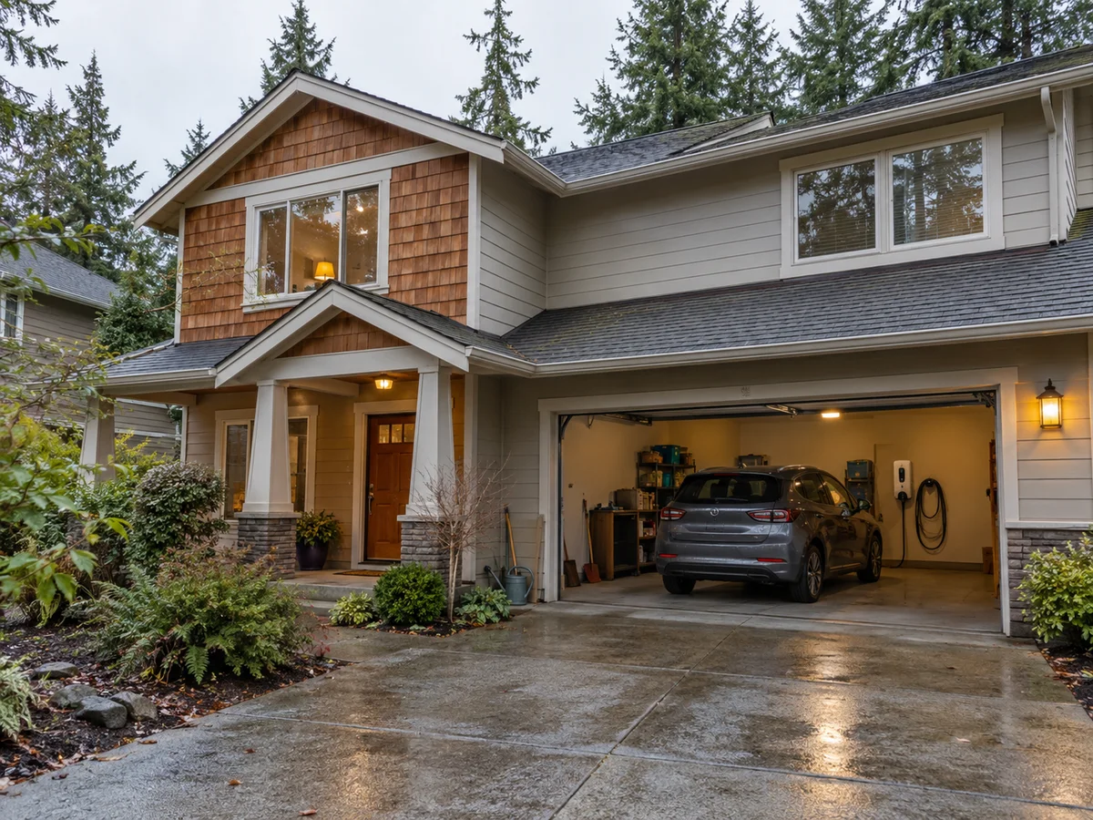 Pacific Northwest home with an open garage and parked vehicle